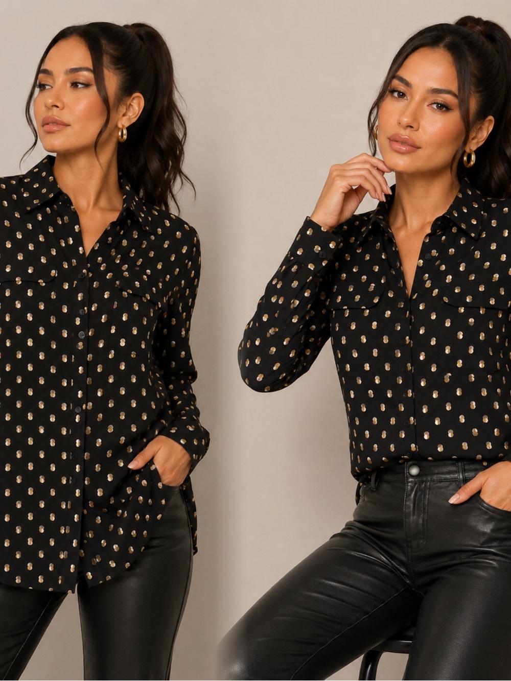 Who What Wear Black Button-Down Shirt with Gold Dot Print